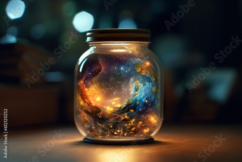 Galaxy in a corked glass bottle. AI generated