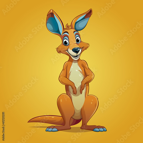 Cartoon Kangaroo. Cheerful smiling kangaroo on a yellow background. Vector illustration