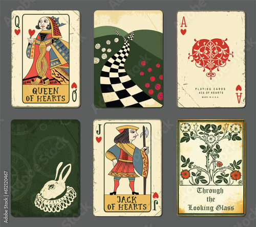 Alice in Wonderland Playing Cards illustrating novel by Lewis Carroll, including Queen, Jack and Ace of Hearts, White Rabbit and book title page photo
