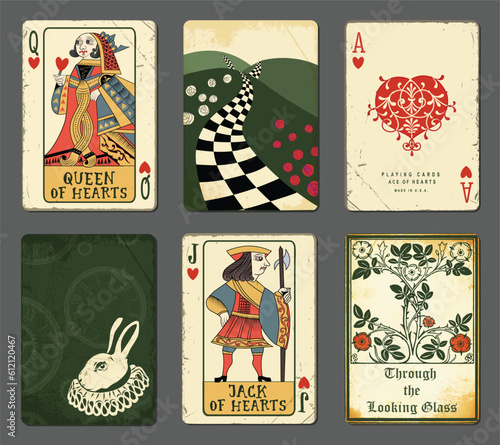 Alice in Wonderland Playing Cards illustrating novel by Lewis Carroll, including Queen, Jack and Ace of Hearts, White Rabbit and book title page