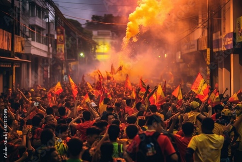 The scene shows a massive and spirited group of sports fans making their way down a street near the stadium, carrying flares and colored smoke in the colors of their club