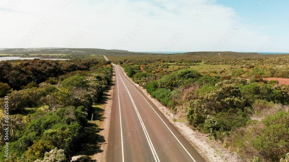Road across Kangaroo Island, aerial view from drone Road across Kangaroo Island, aerial view from drone