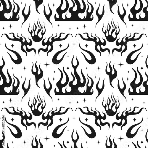 Flame Y2K Seamless fire pattern Psychedelic vector black background Retro Style. Funky summer abstract modern aesthetic print. Wall frame poster, banner or Social Media template. EPS