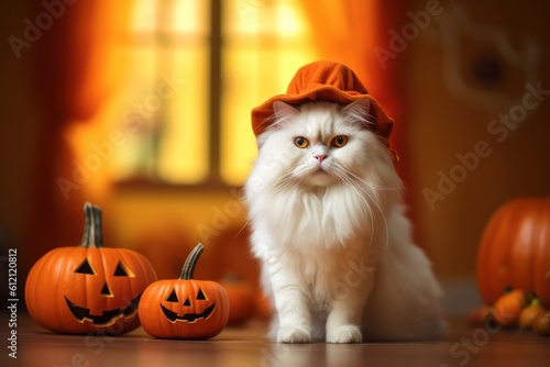 Hyper realistic photo of charming white cat in Halloween costume with Jack-o'-Lantern on the side