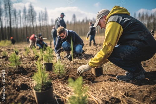 Group of volunteers planting pines in the forest