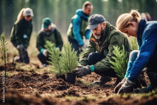 Group of volunteers planting pines in the forest