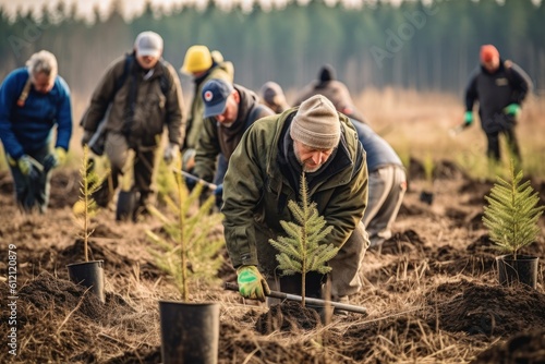 Group of volunteers planting pines in the forest