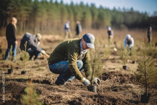 Group of volunteers planting pines in the forest