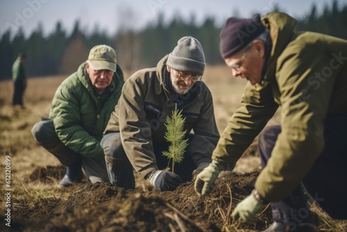 Group of volunteers planting pines in the forest © ChaoticMind