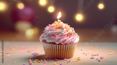 birthday cupcake with candle - generative AI  KI