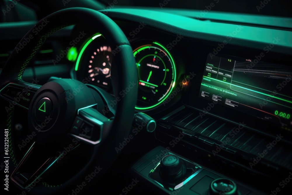 Modern car interior with glowing green neon lights.
