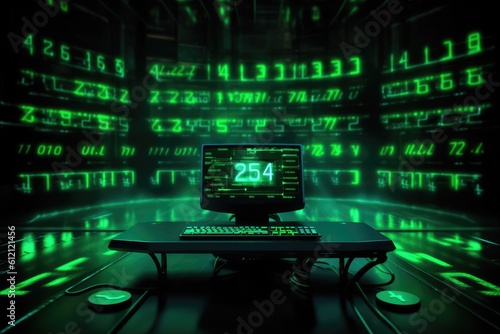 Digital binary code, glowing neon style, binary data background, Panoramic banner, out of focus, green color © ChaoticMind