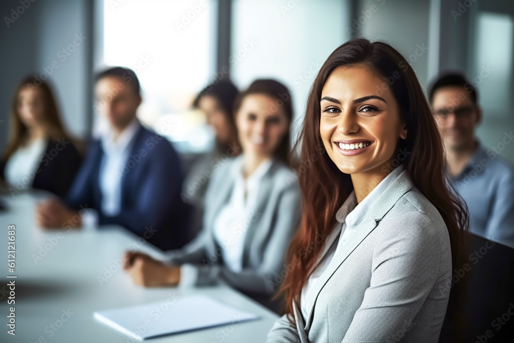 Young business woman sitting in business meeting with colleagues in meeting room - topic career, contact, colleagues - Generative AI Young business woman sitting in business meeting with colleagues in meeting room - topic career, contact, colleagues - Generative AI