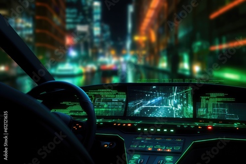 Modern car interior with glowing green neon lights © ChaoticMind