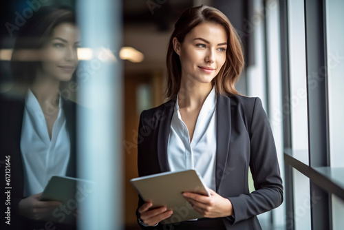 Young businesswoman with tablet in hand stands in office by window and looks confidently into future - theme business, foresight, future or DMS - Generative AI