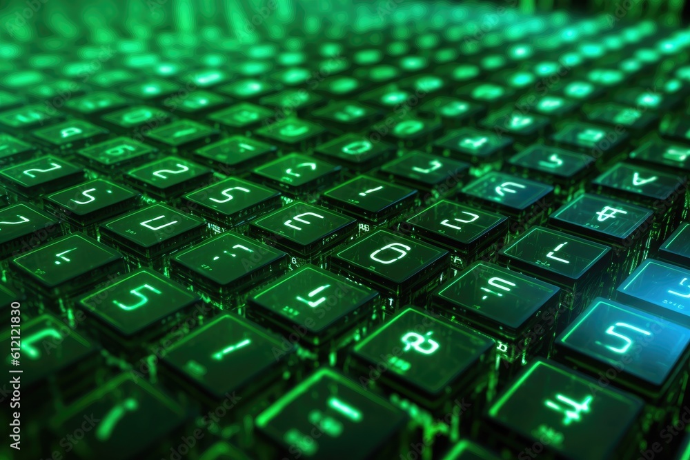 Digital binary code, glowing neon style, binary data background, Panoramic banner, out of focus, green color