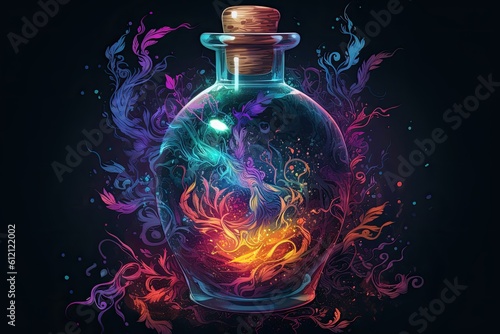 Spellbinding potion in glass vial, swirling with vibrant colors and releasing sparkling tendrils of magic, super details Generative AI photo
