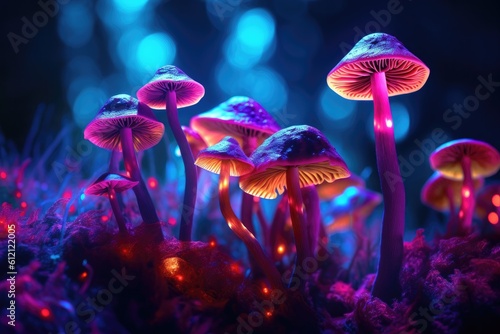 Fantasy magic mushrooms in neon light