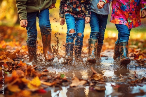 Image of a child's rubber boots splashing in a puddle © ChaoticMind