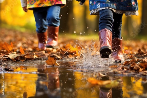 Image of a child's rubber boots splashing in a puddle