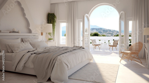 Interior of a bedroom with a view of the sea. 3d render. Modern interior design of bedroom in classic style. Bedroom in a hotel with a beautiful view of the sea. AI generated interior design.