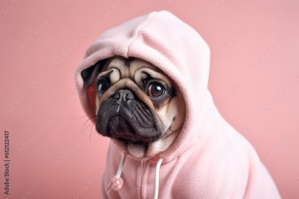 Portrait Cute pug dog dressed in pink hood isolated on pastel flat pink background with copy space, banner template. Generative AI professional photo imitation.