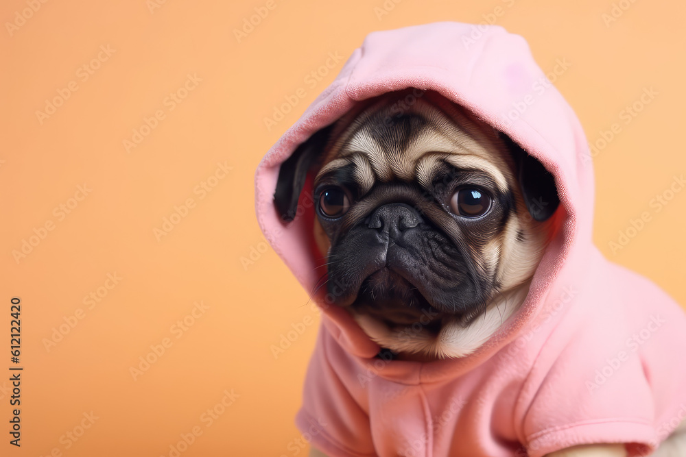 Portrait Cute pug dog dressed in pink hood isolated on pastel flat orange background with copy space for text, banner template. Generative AI professional photo imitation.