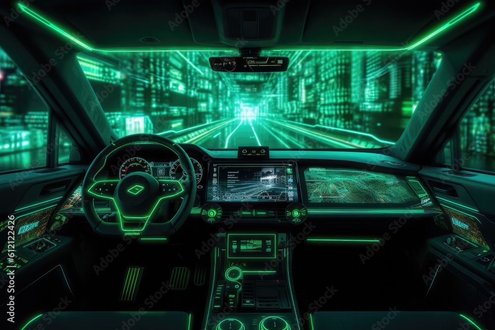 Modern car interior with glowing green neon lights
Modern car interior with glowing green neon lights