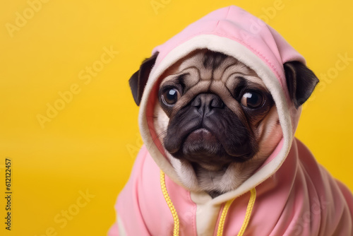 Portrait young pug dog dressed in pink hood isolated on pastel flat yellow background with copy space, banner template. Generative AI professional photo imitation. © SnowElf