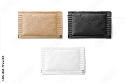 Set of various sugar packet isolated on a transparent background, PNG. High resolution.