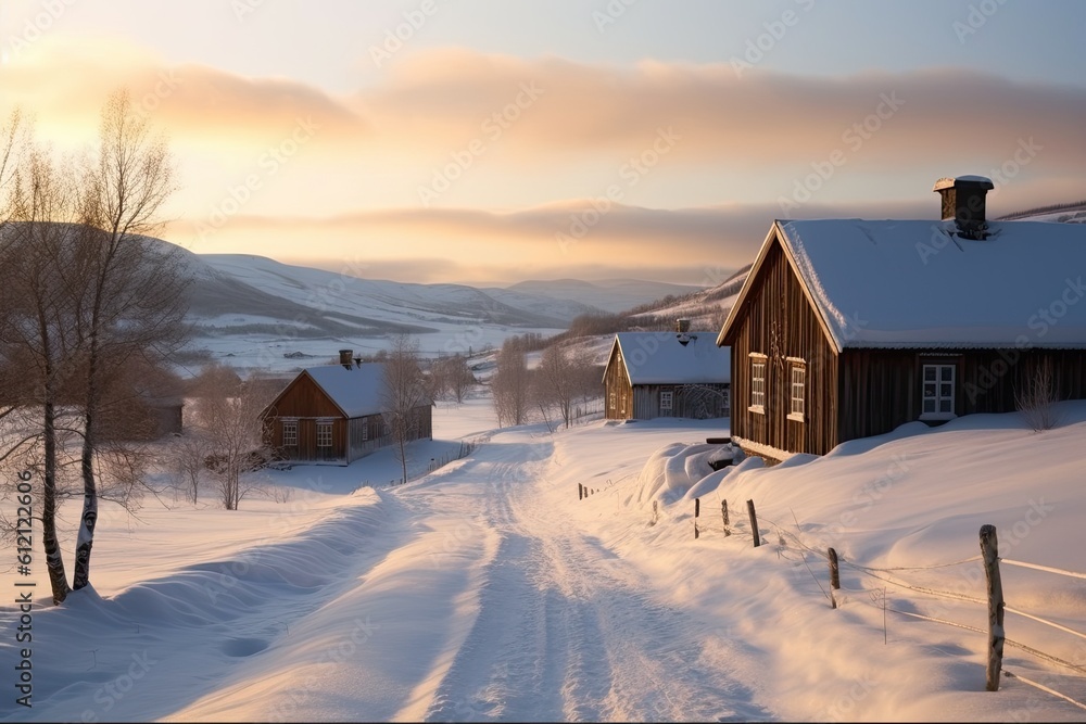 Cozy Cabin in the Snow with a Scenic Winter Landscape. Generative AI