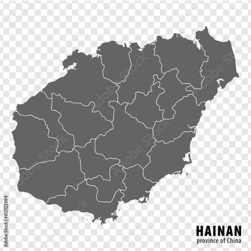 Blank map Province Hainan of China. High quality map Hainan with municipalities on transparent background for your web site design, logo, app, UI. People's Republic of China. EPS10.