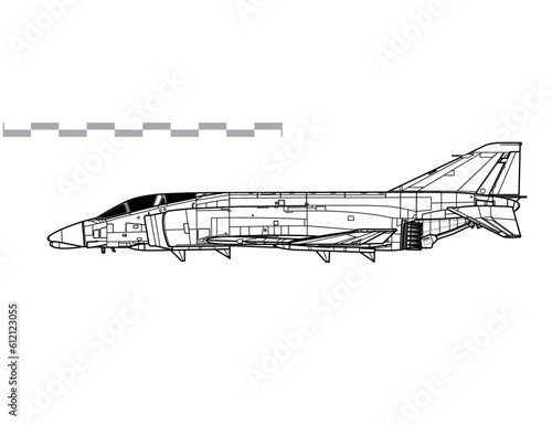 McDonnell Douglas F4H-1 Phantom II. F-4A. Vector drawing of navy tactical figter. Side view. Image for illustration and infographics.