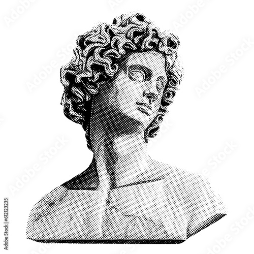 ancient sculpture isolated curly man in pop art style in retro halftone texture vintage dotted cut out black white dots collage elements for mixed media grunge punk crazy