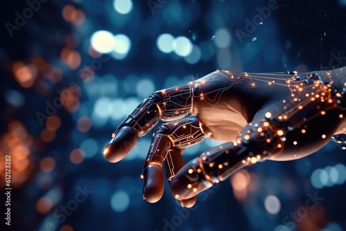 Artificial Intelligence robotic hand touching futuristic big data. AI generative.