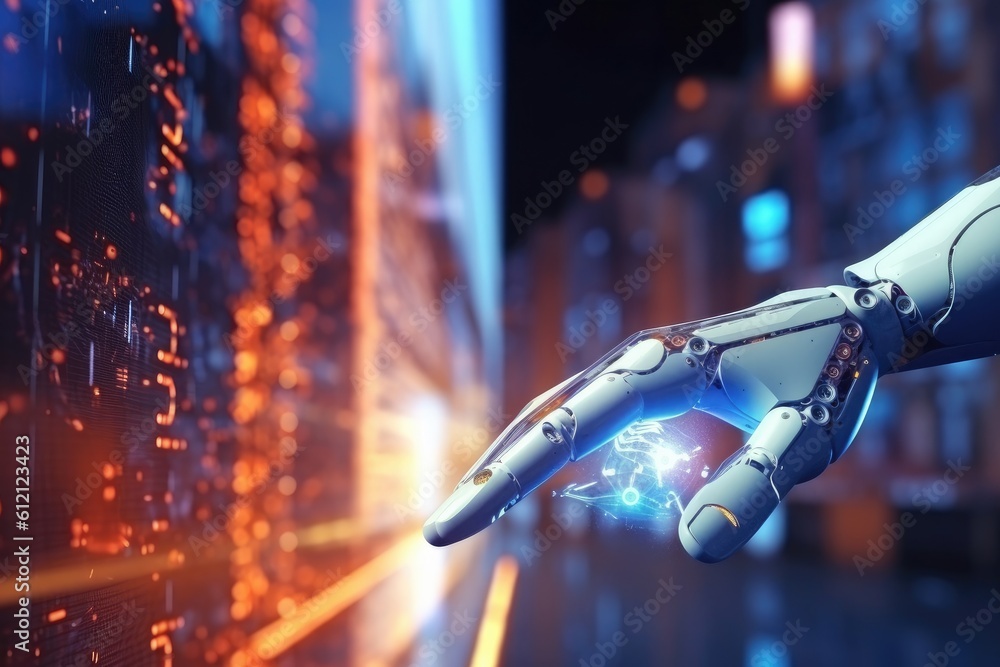Artificial Intelligence robotic hand touching futuristic big data. AI generative. Artificial Intelligence robotic hand touching futuristic big data. AI generative.