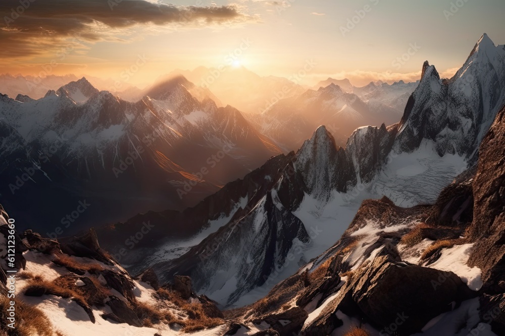 majestic sunset over a mountain range. Generative AI
