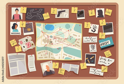 Detective pinboard with evidences vector illustration. Cartoon information board on wall of police office with victim photo and pictures, paper map and red string, evidences to investigate murder