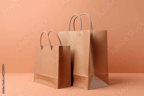 Paper shopping bags on orange background. 3d render. Shopping concept