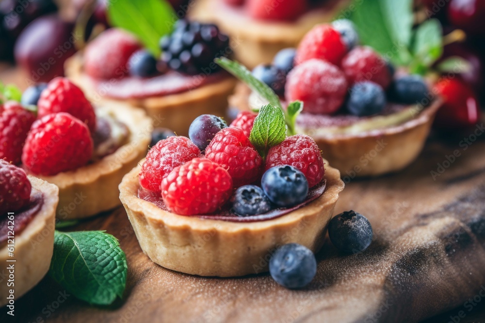 Tartlets with fresh berries on a wooden table. selective focus Tartlets with fresh berries on a wooden table. selective focus