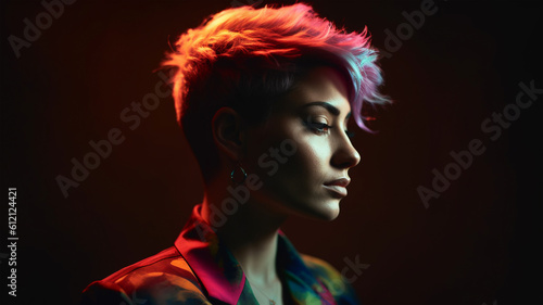 Portrait of a hipster girl with colorful hair on a dark background