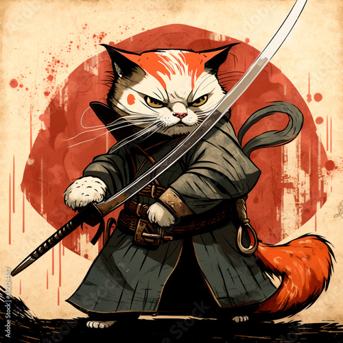 Cat warrior samurai armed with a deadly sword 2D illustration ai generation High quality