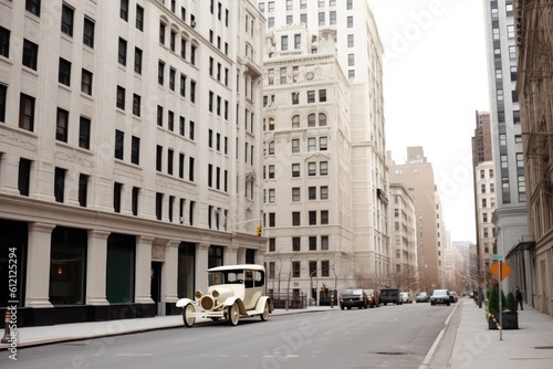 an antique car cruising through a vintage cityscape. Generative AI