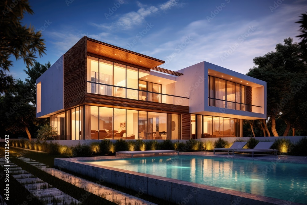 Modern house real estate exterior architecture of luxury home in beautiful villa Generative AI Modern house real estate exterior architecture of luxury home in beautiful villa Generative AI
