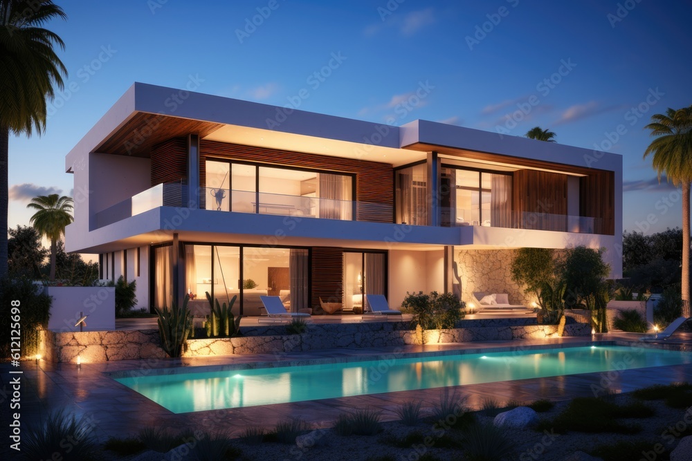 Modern house real estate exterior architecture of luxury home in beautiful villa Generative AI Modern house real estate exterior architecture of luxury home in beautiful villa Generative AI