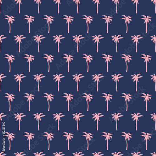 Pattern of pink palm trees on a dark background. Tropical tree seamless pattern. Beach, jungle, oasis. Vacation, tourism. Botany, plant. Vector illustration.