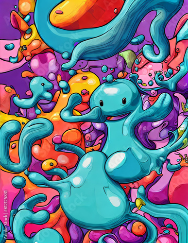 Densely packed surreal artwork featuring melting and morphing cartoon shapes, creatures and objects. Generated A.I
