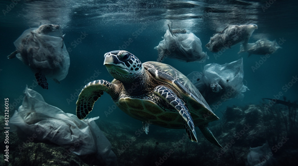 Illustration depicting the sad reality of plastic pollution killing the sea turtles made with Generative AI Illustration depicting the sad reality of plastic pollution killing the sea turtles made with Generative AI