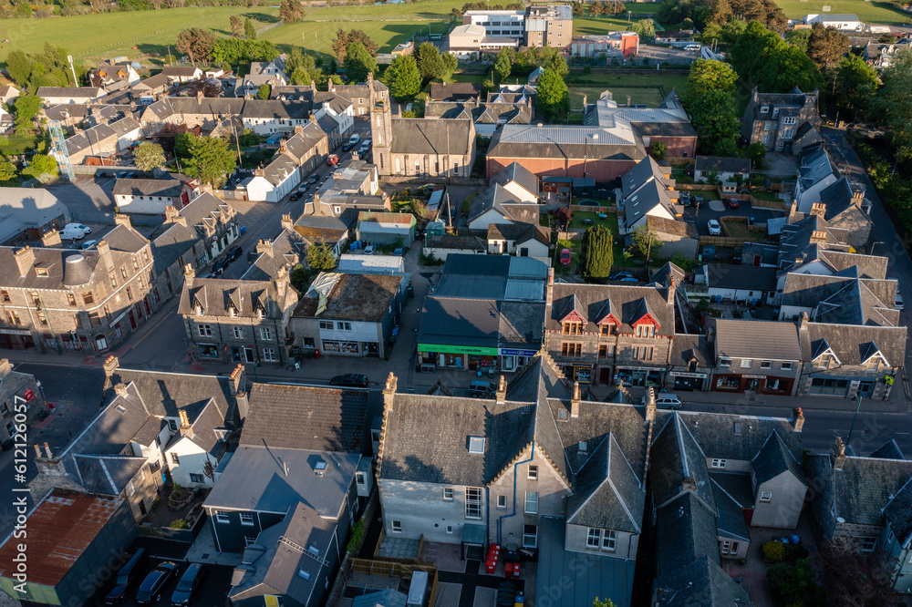 Aerial View of Businesses on the Main Street of Kingussie Scotland at Sunset