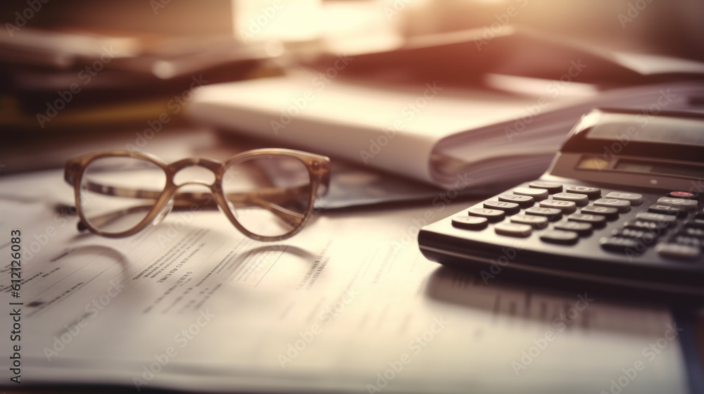 eyeglasses calculator and financial bills with a fountain pen on the table.financial background. Generative AI eyeglasses calculator and financial bills with a fountain pen on the table.financial background. Generative AI